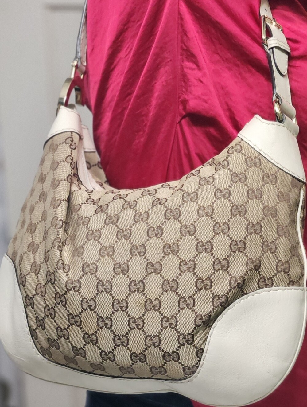 Gucci GG Canvas White Leather Charlotte Hobo Bag